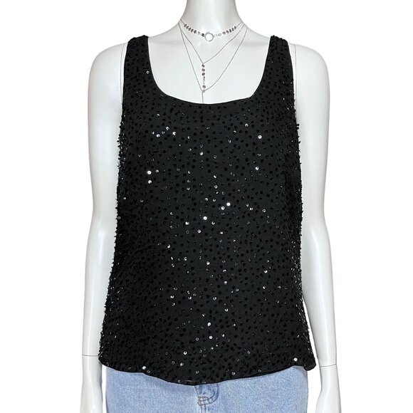 Vintage Tops - Vintage 90s Black 100% Silk Beaded Sequin Going Out Top S/M Whimisigoth Gothic